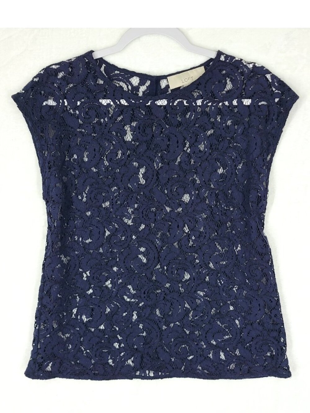 LOFT Blue Floral Lace Cap Sleeve Blouse size PS or PM Petite Small Navy
